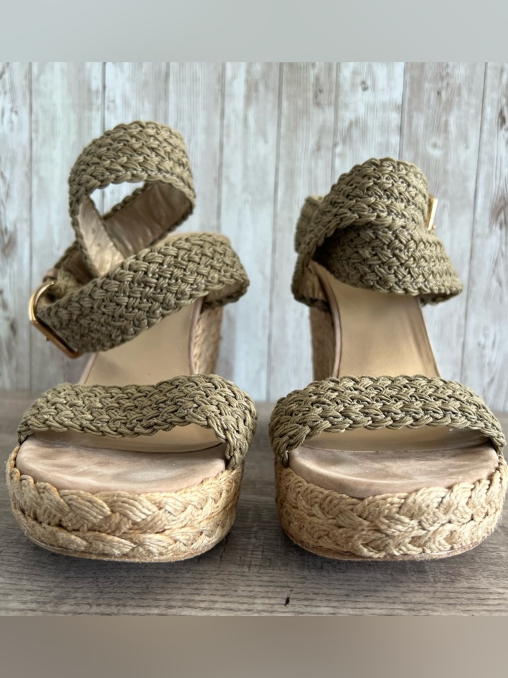 Stuart Weitzman "Alex" Crochet Espadrille Wedge Sandals Green Woven Size 9.5 - Picture 4 of 9